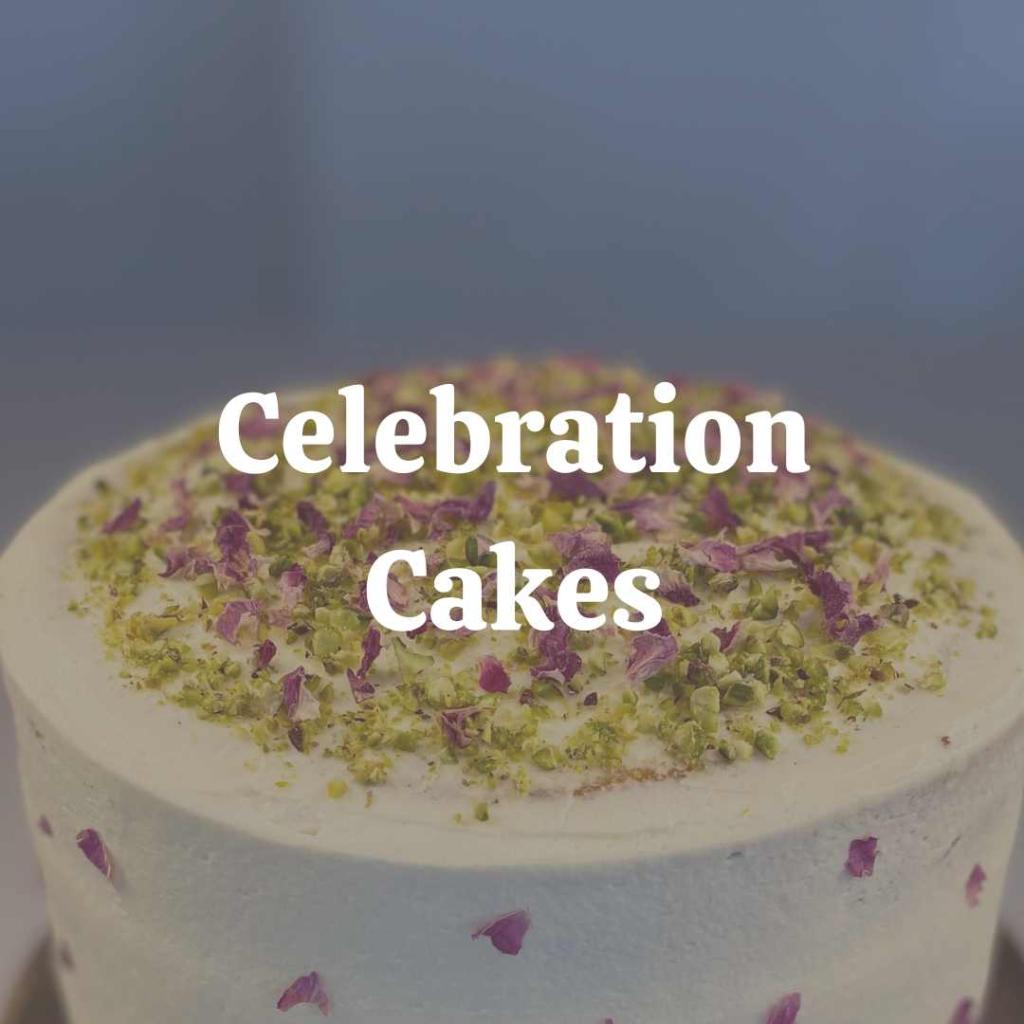 A variety of beautifully decorated celebration cakes adorned with colorful frosting, sprinkles, and decorative accents, perfect for birthdays, weddings, anniversaries, and other special occasions.